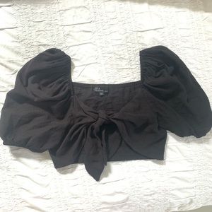 Black Puff Sleeve Cropped Tie Blouse